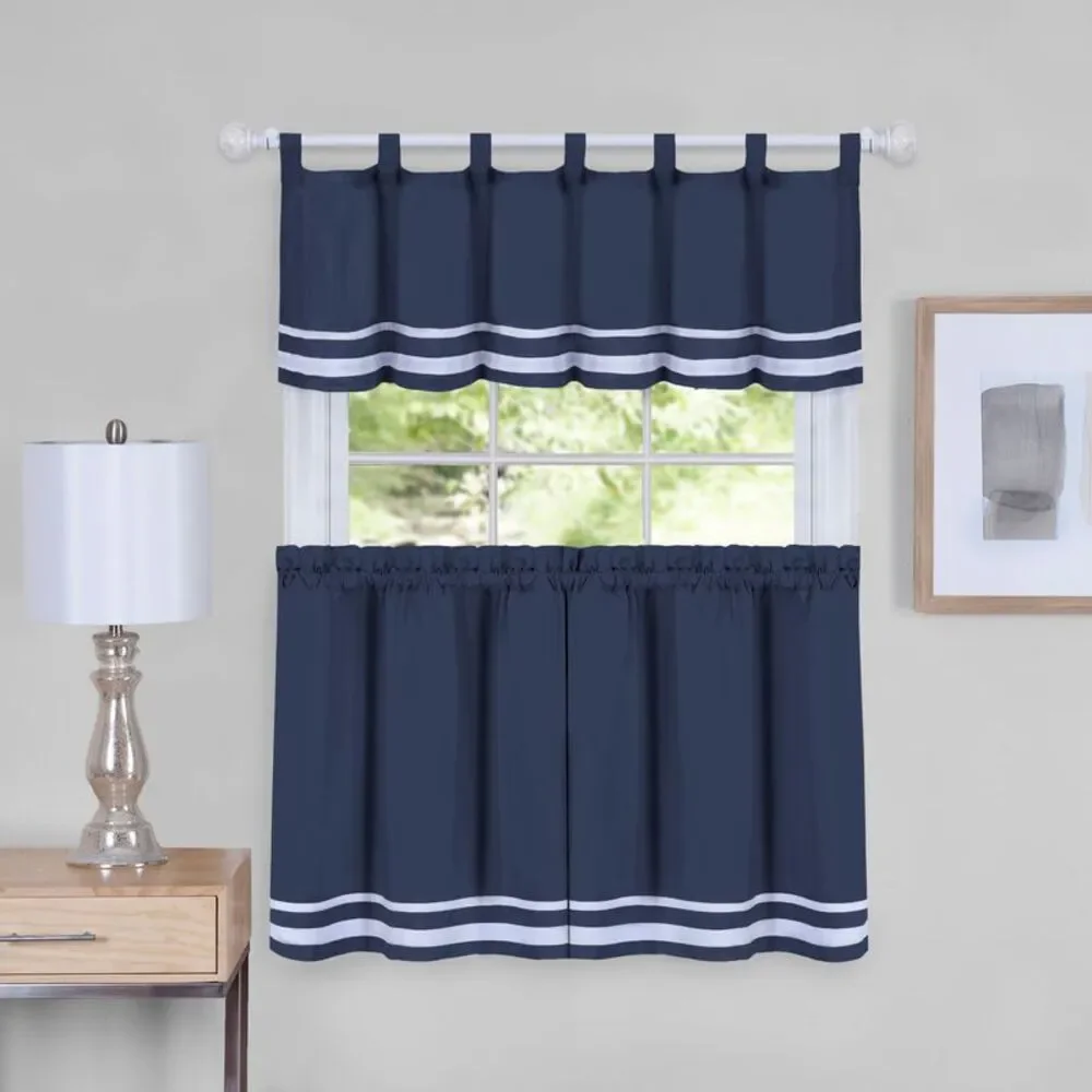 Woven Trends 3-Piece Solid Stripes Kitchen Curtain Set, Tier Pair Panel Curtains
